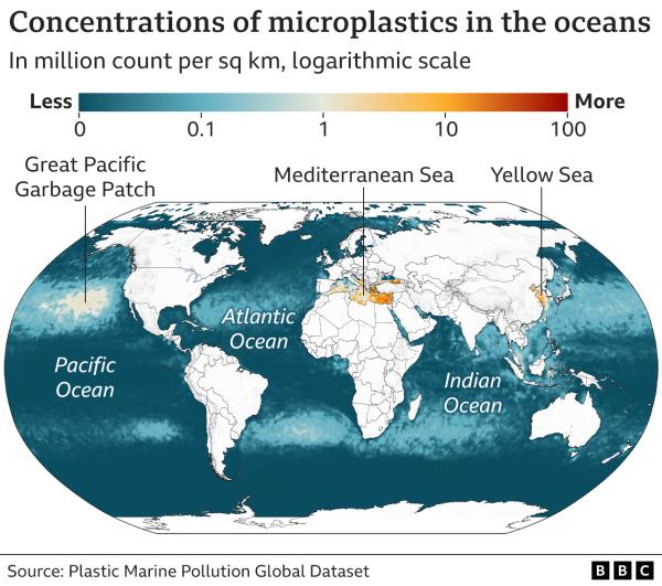 Map showing co<em></em>ncentrations of microplastics in the oceans, with ther Mediterranean Sea, the Yellow sea and the Pacific Ocean highlighted as havin<em></em>g particularly high concentrations