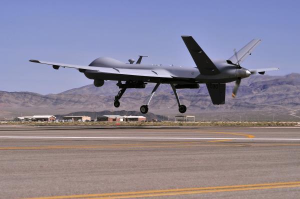 A handout photo made available by the U.S. Air Force of an MQ-9 Reaper remotely piloted aircraft taking off on a training mission at Creech Air Force ba<em></em>se, May 13, 2013 (issued 14 March 2023). (EPA File Photo)