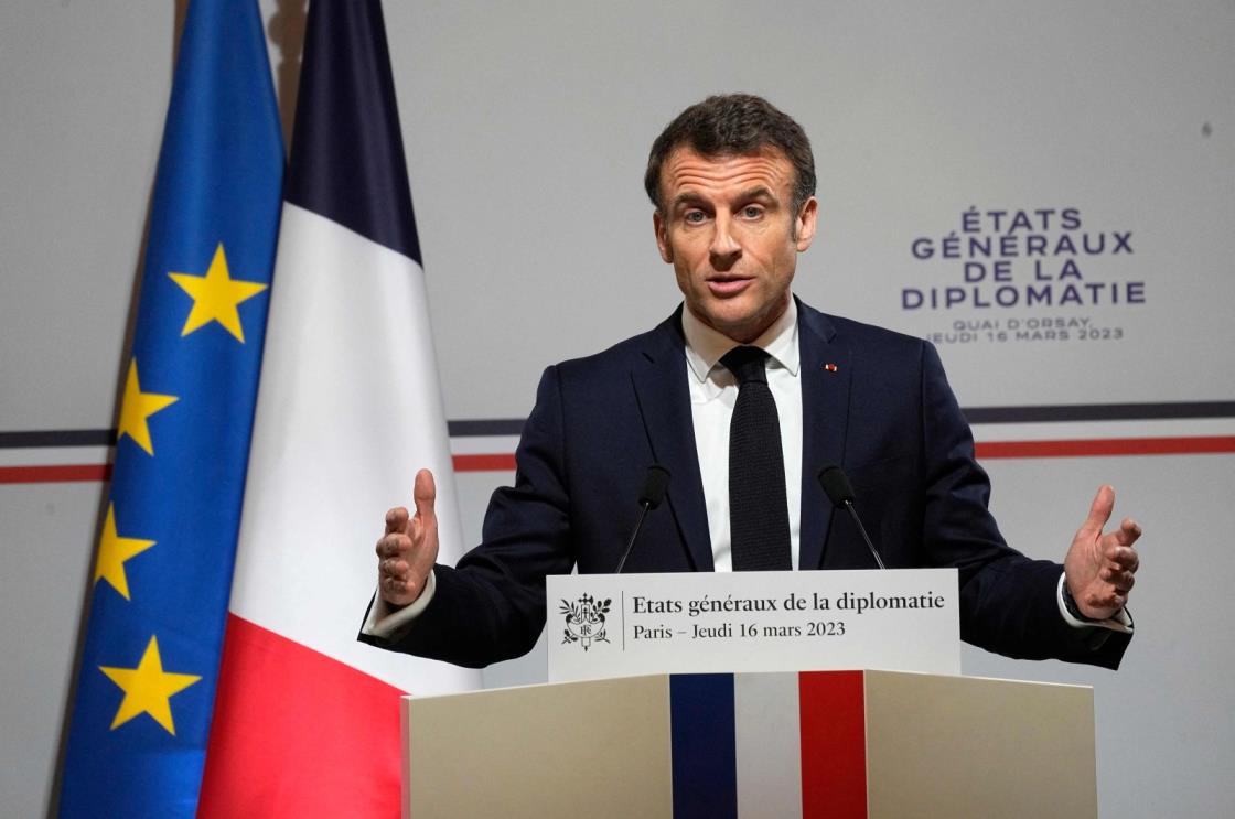 French President Emmanuel Macron delivers his speech during the Natio<em></em>nal Roundtable on Diplomacy at the Foreign Ministry, Paris, France, March 16, 2023. (AFP Photo)