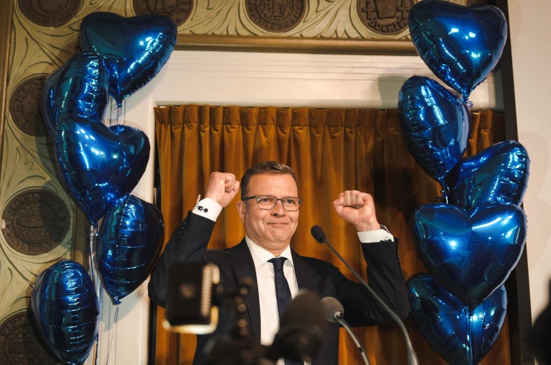 The Natio<em></em>nal Coalition Chairman Petteri Orpo speaks to supporters at the party's parliamentary election party, following the Finnish parliamentary elections, Helsinki, Finland, April 2, 2023. (AFP Photo)