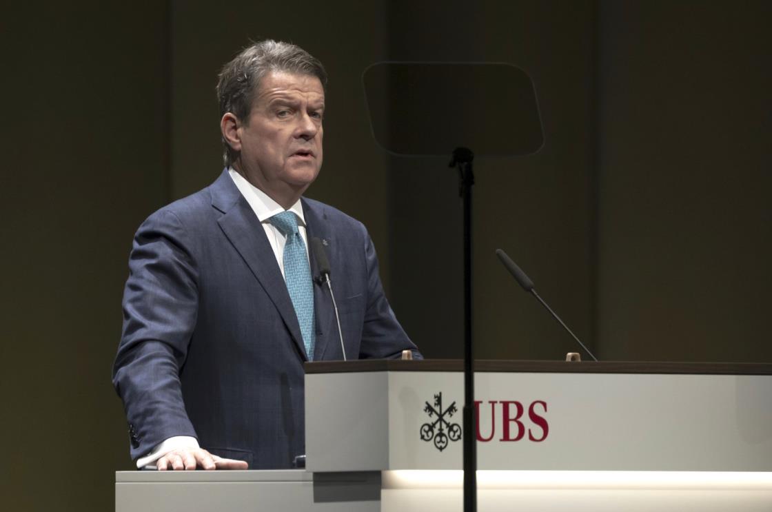 Colm Kelleher, Chairperson of the Board of Directors of Swiss Bank UBS, speaks during the general assembly of the UBS in ba<em></em>sel, Switzerland, April 5, 2023. (AP Photo)