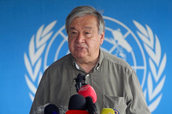 U.N. Secretary-General Anto<em></em>nio Guterres addresses a news co<em></em>nference at the U.N. ba<em></em>se in Halane Mogadishu, Somalia, April 12, 2023. (Reuters Photo)