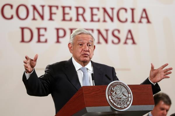 The President of Mexico, Andres Manuel Lopez Obrador, speaks during his morning press co<em></em>nference at the Natio<em></em>nal Palace in Mexico City, April 17, 2023. (EPA Photo)