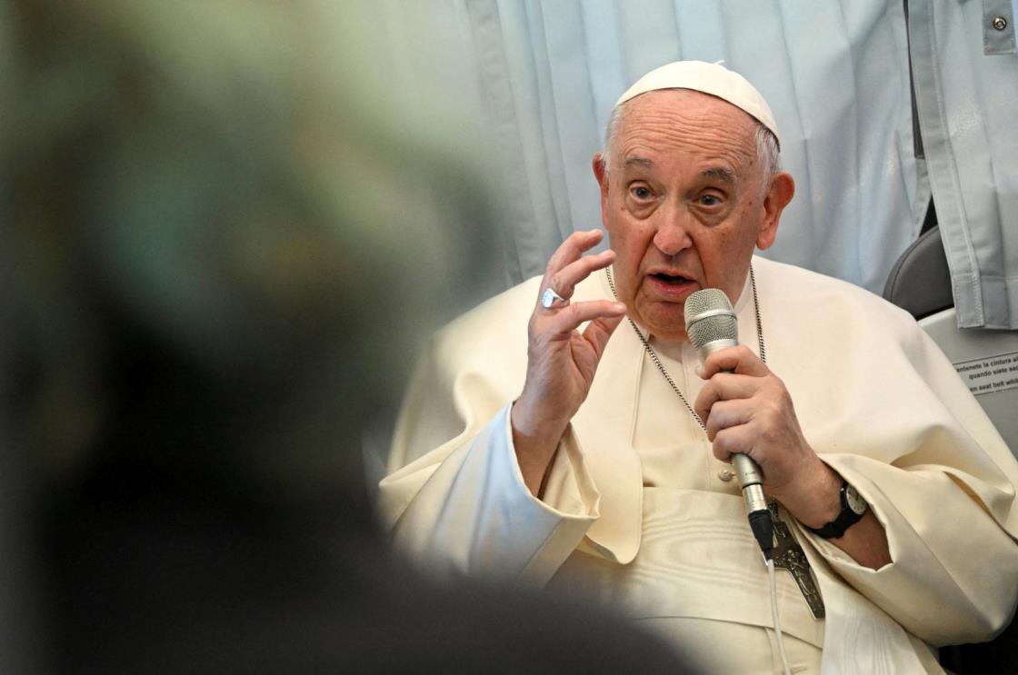 Pope Francis holds a news co<em></em>nference as he returns to the Vatican following a visit to Hungary, April 30, 2023. (Reuters Photo)