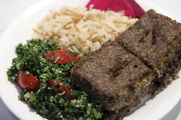 The kibbe and tabouli plate at Imee's Mediterranean Kitchen, in downtown Chicago, is seen on Feb. 2, 2023.