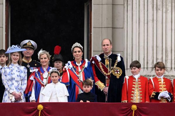 Mandatory Credit: Photo by Anthony Harvey/Shutterstock (13901620ek)Prince William, Catherine Princess of Wales, Prince George, Princess Charlotte, Prince Louis, Sophie Duchess of Edinburgh, Lady Louise, Tim Laurence on the balcony of Buckingham PalaceThe Coro<em></em>nation of King Charles III, London, UK - 06 May 2023