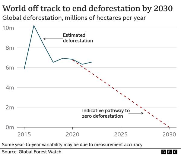 Estimated global deforestation since 2015. The data suggest deforestation rose in 2022 compared with 2021, which puts the world off track to meet the 2030 target of ending deforestation.